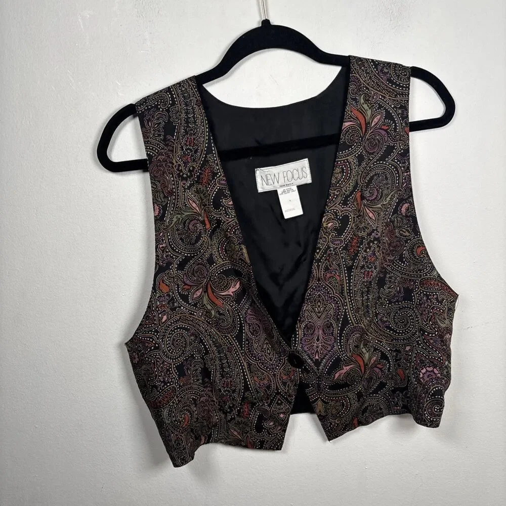 Vintage Retro Paisley Vest Women’s M 100% Rayon Made USA Button Front 90s Boho